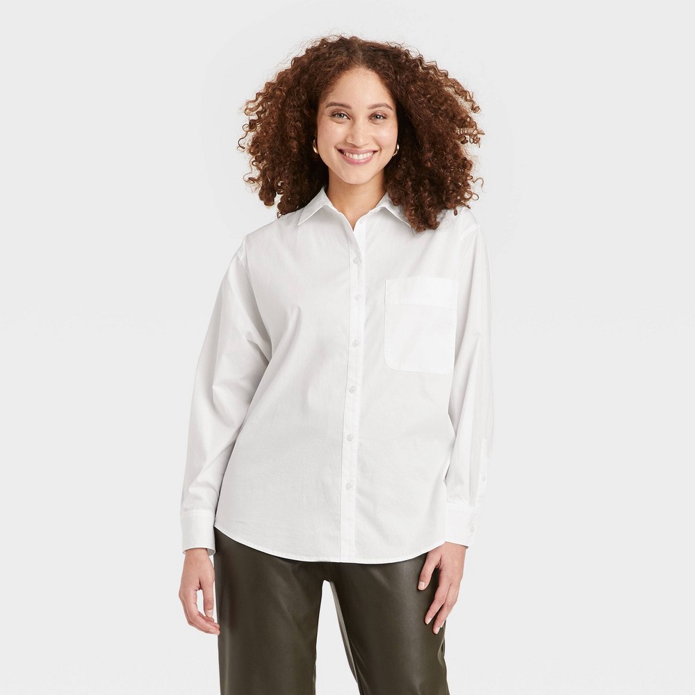Women's Long Sleeve Oversized Button-Down Boyfriend Shirt - A New Day White XS