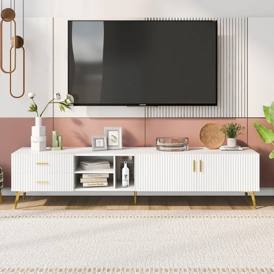 TROPOW TV Stand with Storage Drawer, Entertainment Center with 2 Cabinet Doors and 2 Drawers, Low Profile TV Cabinet for TVs up to 75 Inch,White