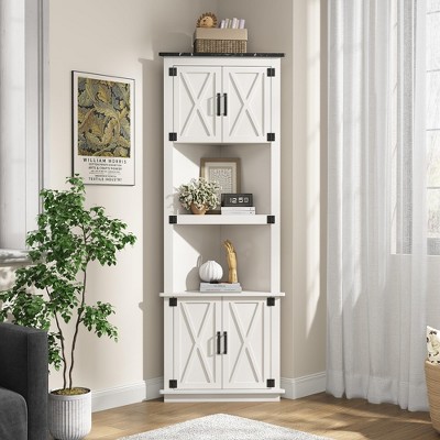68" Tall Corner Storage Cabinet with Open Shelves & Barn Doors, Farmhouse Storage Hutch, White