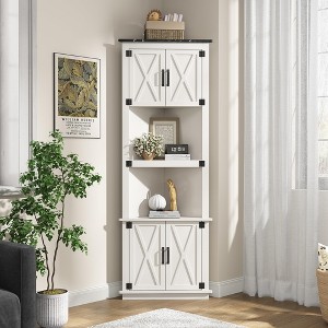 68" Tall Corner Storage Cabinet with Open Shelves & Barn Doors, Farmhouse Storage Hutch, White - 1 of 4