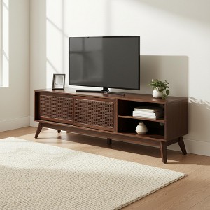 Homy Casa 59" Mid-Century Modern Rattan TV Stand with Sliding Doors and Open Shelves - 1 of 4