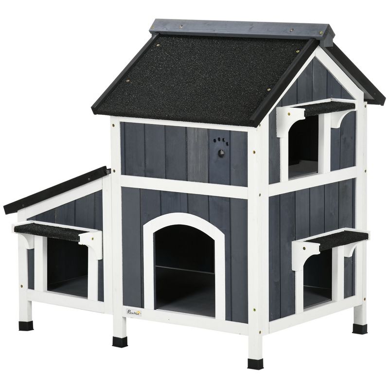 PawHut Outdoor Cat House with Weather-resistant Roof & Garden Bed, Outdoor Cat Shelter Enclosure with Multiple Entrances, Cat Furniture Hideout, Gray, 4 of 7