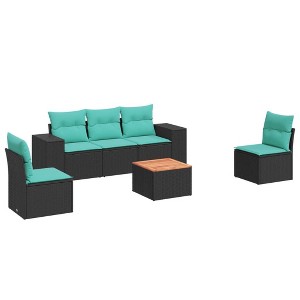 vidaXL 6 Piece Patio Sofa Set with Cushions Black and Blue Poly Rattan - 1 of 4