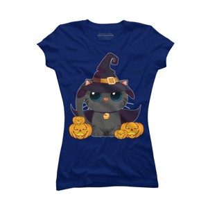 Junior's Design By Humans Black Cat With Jack O Lantern Halloween Shirt By thebeardstudio T-Shirt - 1 of 3
