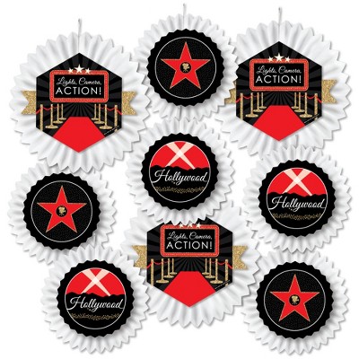 Big Dot of Happiness Red Carpet Hollywood - Hanging Movie Night Party Tissue Decoration Kit - Paper Fans - Set of 9