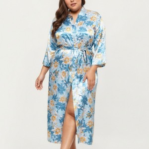 Anna-Kaci Lounge Women's Floral Print Satin Robe with Waist Tie Soft Silky Fabric Wide Sleeves and Flowing Longline Silhouette - 1 of 4