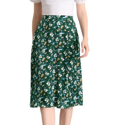 Allegra K Women's Boho Floral High Waist Split A Line Midi Skirt Satin ...