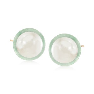 Ross-Simons 9.5-10mm Cultured Pearl and Jade Earrings in 14kt Yellow Gold - 1 of 4