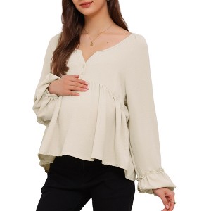 INSPIRE CHIC Women's Maternity Blouse High Low Tops Lantern Sleeve Henly Neck Button Long Sleeve Pleated Ruched Frill Pregnancy - 1 of 4