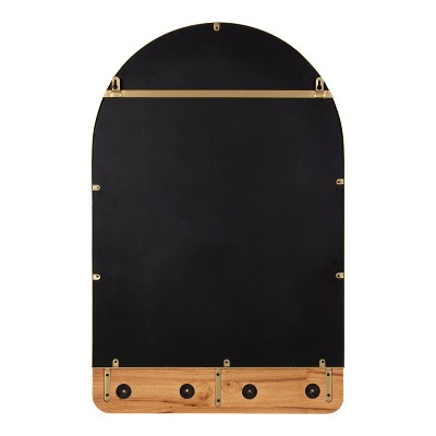 Schuyler Arched 20x31 Natural Wood & Gold Wall Mirror with Hooks
