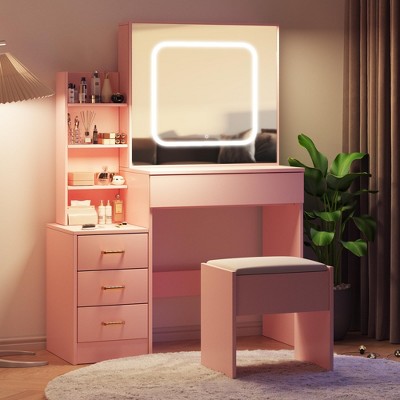 Vanity Desk with Sliding Mirror and Lights, Makeup Vanity Set with 4 Drawers, Stool, Power Outlet, Open Shelves