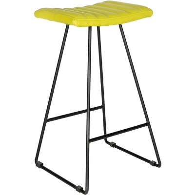 Citron Green Leather and Iron Backless Bar Stools, Set of 2