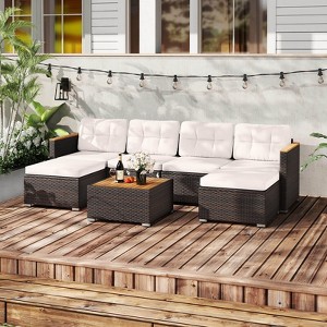 Costway 7 PCS Wicker Conversation Set with Seat & Back Cushions Wood Armrests & Tabletop - 1 of 4