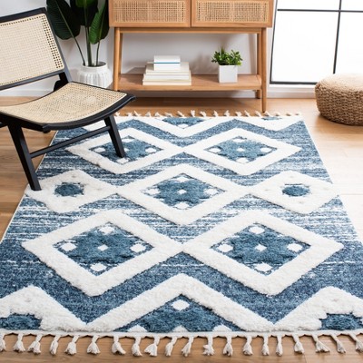 Blue and Ivory Diamond Shag Area Rug with Braided Tassels