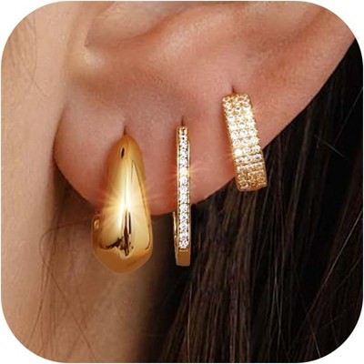 3Pairs 925 Sterling Silver, 14K Gold Plated Small Huggie Hoop Earrings Sets for Multiple Piercing CZ Cartilage Earrings Stacks
