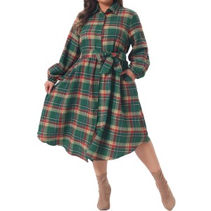 Women's Plus Size Button Down Long Sleeves Belted Plaid Curved Hem  Christmas Casual Checkered Shirt Dresses with Pockets - Agnes Orinda :  Target