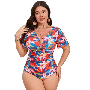 Women Plus Size One Piece Swimsuits Tummy Control Bathing Suits V Neck Ruffle Sleeve Swimwear - 1 of 4