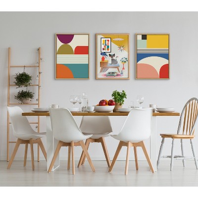 Mid-Century Modern Cat Art on Canvas with Natural Frame