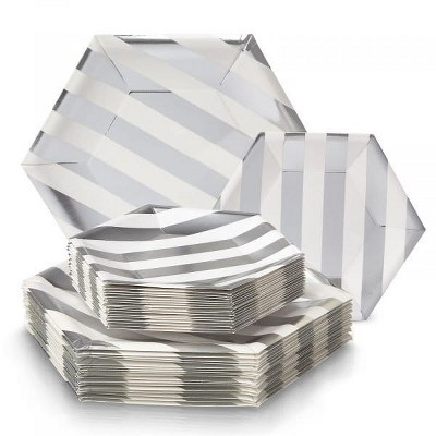 Silver Spoons Elegant Disposable Paper Plate Set, Includes 18 Dinner Plates (10.25”) and 18 Side Plates (7.5”), Stripe Collection