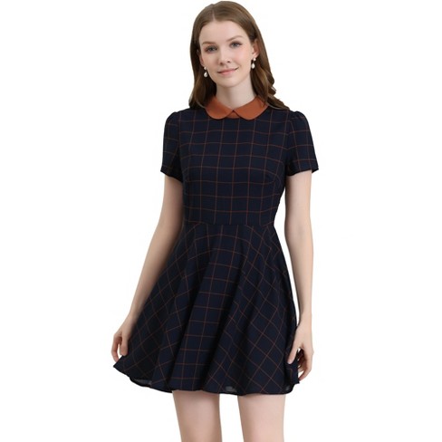 Allegra K Women's Plaid Grid Peter Pan Collar Contrast A-line Dresses Navy  Blue Small