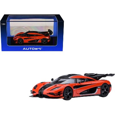 Koenigsegg One:1 Lava Orange with Carbon and Silver Stripes 1/64 Diecast Model Car by Autoart
