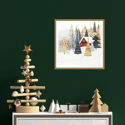 Christmas Chalet Red Cabin Canvas Print with Gold Frame