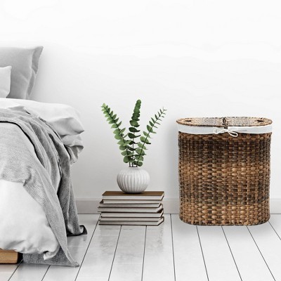 Mocha Brown Handwoven Wicker Double Laundry Hamper with Lid