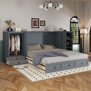 Queen Size Murphy Bed with USB Port, Little Wardrobe and Drawers - ModernLuxe - 1 of 4