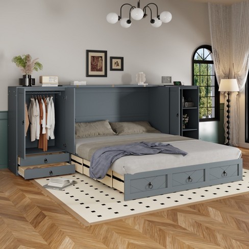 Queen Size Murphy Bed with USB Port, Little Wardrobe and Drawers - ModernLuxe - image 1 of 4