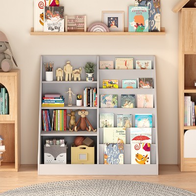 Kids Bookshelf and Toy Storage Organizer 4 Tier Wooden Book Shelf with Storage Bookcase for Kids Room Playroom Nursery