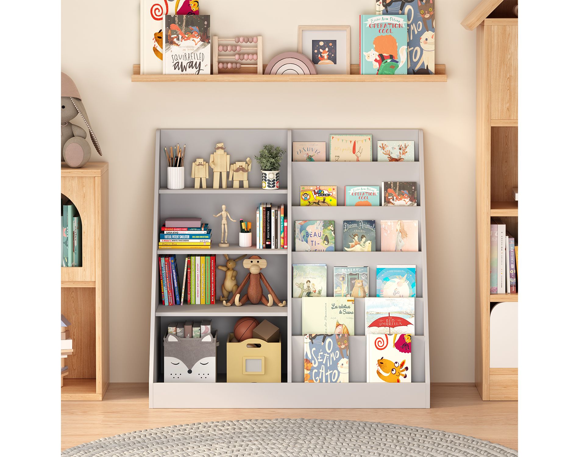 Kids Bookshelf and Toy Storage Organizer 4 Tier Wooden Book Shelf with Storage Bookcase for Kids Room Playroom Nursery