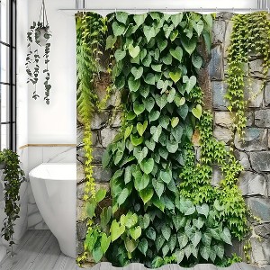 Paaaawaters 1pc Refreshing Spring Scenery Bath Curtain - Lush Green Foliage & Stone Design, Easy-Care Polyester - 1 of 4