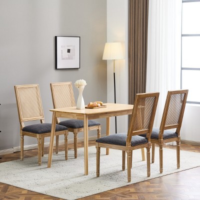 Set of 4 French Country Cane Back Dining Chairs with Upholstered Seat and Solid Wood Frame–Maison Boucle