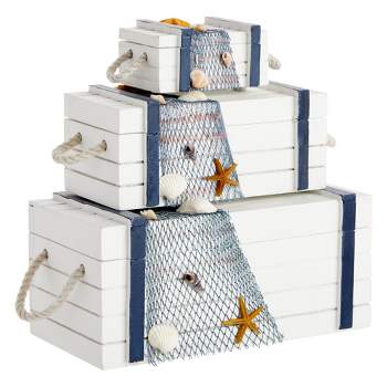 Juvale 3-Pack Wooden Jewelry Boxes Set with Handles, Nautical and Beach Decor (3 Sizes)