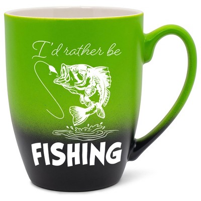 Elanze Designs I'd Rather Be Fishing Two Toned Ombre Matte Green and Black 12 ounce Ceramic Stoneware Coffee Cup Mug