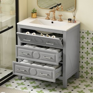 Okak Modern Freestanding Bathroom Vanity with Ceramic Sink Combo,Small Solid Wood Bathroom Storage Cabinet with3 Drawers - 1 of 4