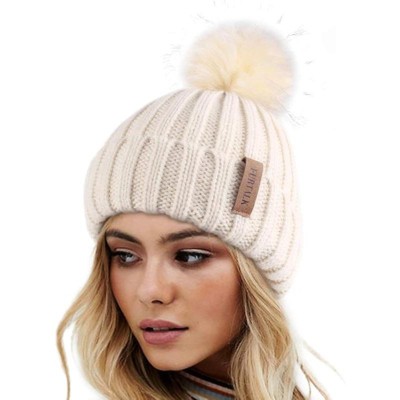 ZUPPAD Womens Winter Knitted Beanie Hat with Faux Fur Pom Warm Knit Skull Cap Beanie for Women Hats 1 Pack