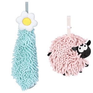 REGALWOVEN Flower and Sheep Shape Absorbent Fast Drying Chenille Hand Towels with Hanging Loop 6" x 15"/7" x 7" 2 Packs - 1 of 4