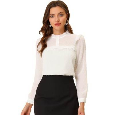 INSPIRE CHIC Women's Swiss Dots Long Sleeve Ruffled Work Office Chiffon Blouse