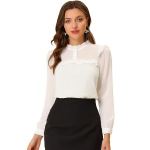 INSPIRE CHIC Women's Swiss Dots Long Sleeve Ruffled Work Office Chiffon Blouse - 1 of 4