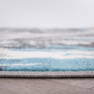 Blue and Gray Floral Stain-Resistant Runner Rug 2' x 7'