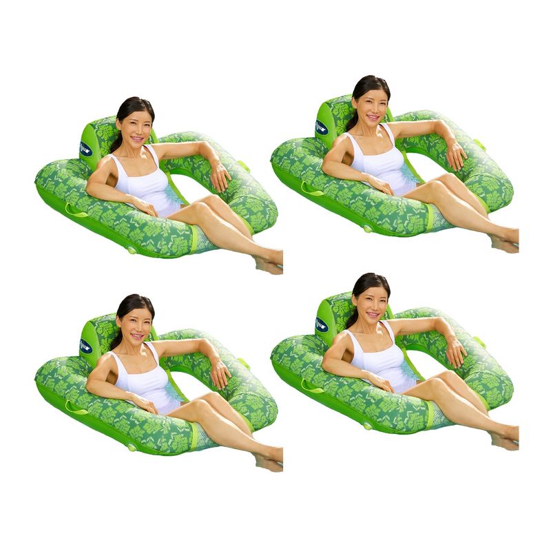 Aqua Leisure Zero Gravity Comfortable Hammock Style Inflatable Swimming Pool Chair Lounge Float w/ Leg and Arm Rests, Floral Trip Lime Green, 4 Pack, 1 of 7
