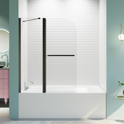 APRILSOUL Frameless Matte Black Pivot Shower Door for Bathtub with Tempered Glass, 90° In/Out Swing, Leak-Proof, Easy Install