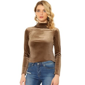 Allegra K Women's Solid Turtleneck Velvet Long Sleeve Work Basic Velour Blouse - 1 of 4