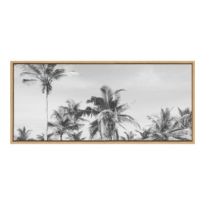 Coastal Black and White Palm Tree Canvas Print with Natural Frame