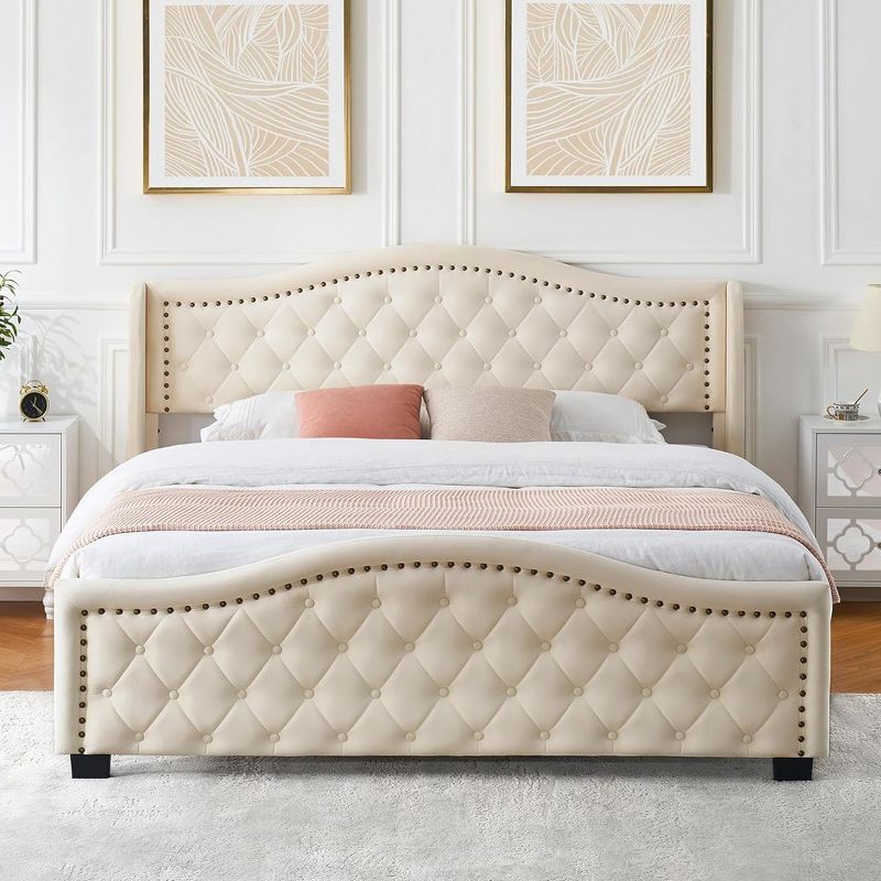 Whizmax Upholstered Platform Bed Frame with Velvet Button Tufted & Nailhead Trim Wingback Headboard, Beige, 2 of 9