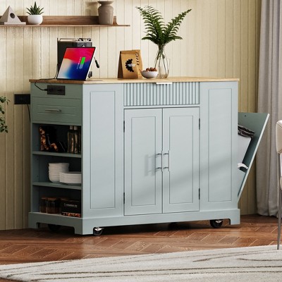 Fluted Kitchen Island on 5 Wheels, with Trash Can Storage Cabinet, Power Outlet, Internal Storage Rack, 3 Drawer, 3 Open Side Racks