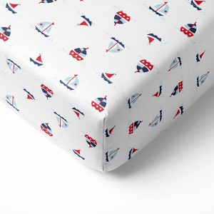 Bacati - Little Sailor Boats Boys Muslin 100 percent Cotton Universal Baby US Standard Crib or Toddler Bed Fitted Sheet - 1 of 4
