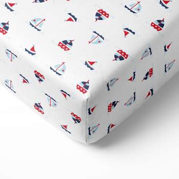 Bacati - Little Sailor Boats Boys Muslin 100 percent Cotton Universal Baby US Standard Crib or Toddler Bed Fitted Sheet