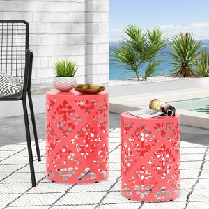 VisioGear Patio End Tables, 2-pcs Patio End Tables, Indoor Outdoor Nesting End Carved Trellis Design Side Table, Red, 13.75"*13.75"*18" - 1 of 4